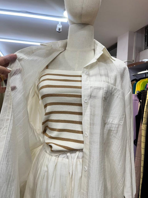 Chiffon Collar Shirt and Short With Stripes Tang Top Sets